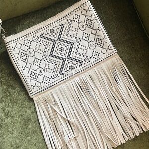 White Fringe Clutch with Studded Design